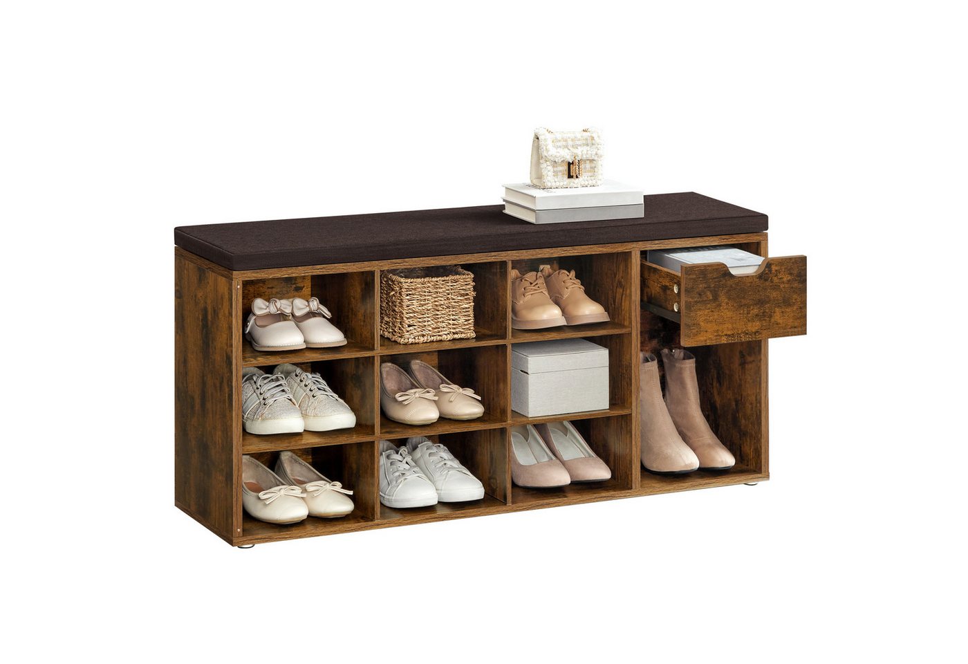 VASAGLE Schuhbank, 1 Schublade und 10 offene Fächern, 104 x 30 x 48 cm von VASAGLE