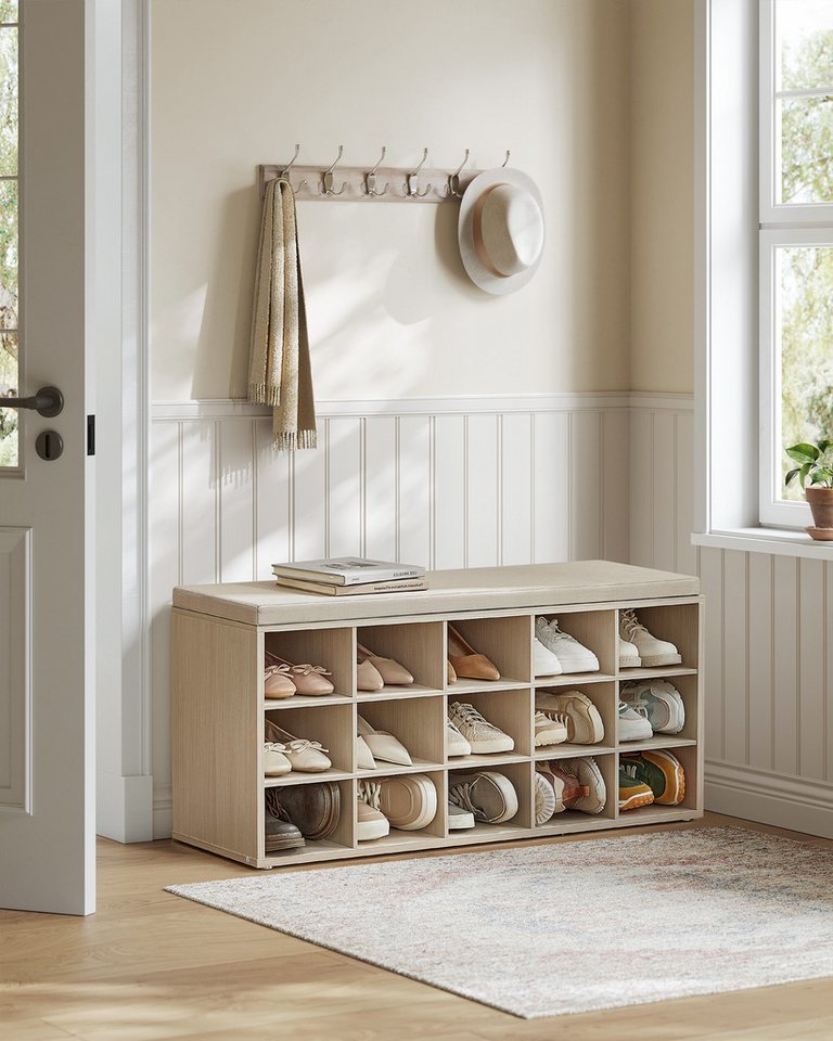 VASAGLE Schuhbank Sitzbank, Schuhregal mit Sitzfläche, mit Kissen und 15 Fächern, 105 x 30 x 48 cm von VASAGLE