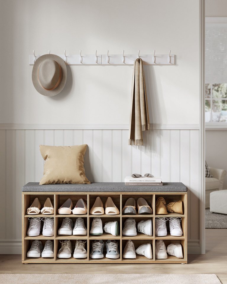 VASAGLE Schuhbank Sitzbank, Schuhregal mit Sitzfläche, mit Kissen und 15 Fächern, 105 x 30 x 48 cm von VASAGLE
