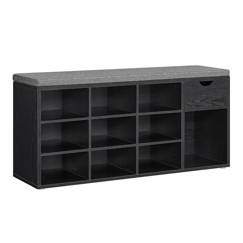 VASAGLE Schuhbank, Schuhregal mit Schublade und offenen Fächern, Sitzbank, gepolsterter Sitz, Flur, Schlafzimmer und Eingangsbereich, 30 x 104 x 48 cm, ebenholzschwarz-schiefergrau LHS024B02 von VASAGLE