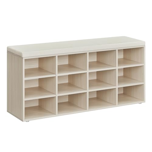VASAGLE Schuhbank, Schuhregal mit Sitzfläche, Sitzbank mit Stauraum, Kissen, 12 Fächer, verstellbare Ablagen, für Wohnzimmer, Flur, 30,3 x 104 x 48 cm, naturbeige LHS012K04 von VASAGLE