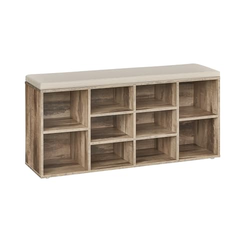 VASAGLE Schuhbank, Schuhregal mit Sitzfläche, Sitzbank mit Stauraum, gut gepolstert, Flurbank mit 10 Fächern, verstellbaren Ablagen, für Schlafzimmer, 30 x 104 x 48 cm, Kamelbraun LHS010K02 von VASAGLE