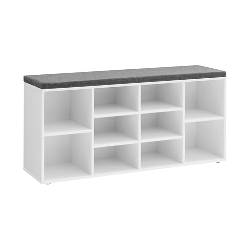 VASAGLE Schuhbank, Schuhregal mit Sitzfläche, Sitzbank mit Stauraum, gut gepolstert, Flurbank mit 10 Fächern, verstellbaren Ablagen, für Schlafzimmer, 30 x 104 x 48 cm, weiß-grau LHS10WT von VASAGLE
