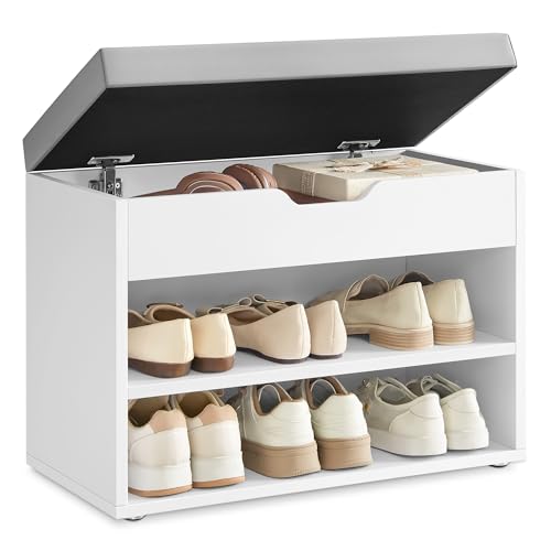 VASAGLE Schuhbank, Sitzbank, Schuhregal mit gepolstertem Kissen, Schuhorganizer mit 3 Ebenen, 30 x 60 x 44 cm, für Flur, Wohnzimmer und Schlafzimmer, wolkenweiß LHS020W01 von VASAGLE