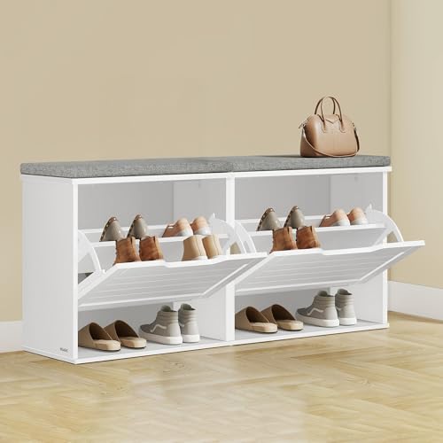 VASAGLE Schuhbank mit Sitzkissen, 2er Set, Sitzbank, Schuhkipper für 6 Paar Schuhe, Klappfach mit Verstellbarer Trennwand, 30 x 60 x 53,5 cm, Flur, Schlafzimmer, wolkenweiß-Taubengrau LSB121WB01-2J von VASAGLE