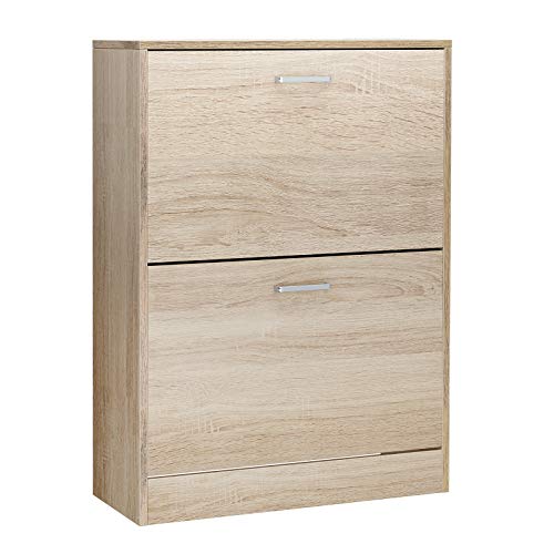 VASAGLE Schuhschrank mit 2 Klappen, Schuhkipper, Trennwände verstellbar und abnehmbar, für 12 Paar Damenschuhe oder 8 Paar Herrenschuhe, Kleiner Flur, 60 x 24 x 83,5 cm, eichefarben LBC602H von VASAGLE
