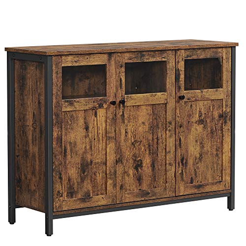 VASAGLE Sideboard, Küchenschrank, Aufbewahrungsschrank mit Glastüren, Stahlrahmen, 100 x 35 x 75 cm, Industrie-Design, vintagebraun-schwarz LSC099B01 von VASAGLE