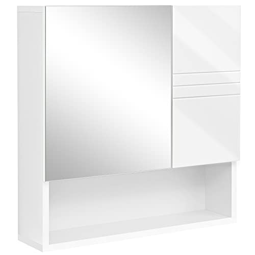VASAGLE Spiegelschrank, Wandschrank, Badschrank mit höhenverstellbaren Regalebenen, Tür und Oberplatte mit Hochglanz Oberfläche, Badezimmer, 54 x 15 x 55 cm, weiß BBK122W01 von VASAGLE