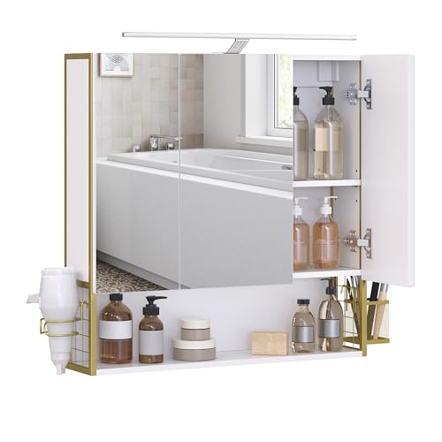 VASAGLE Badezimmerschrank mit LED-Beleuchtung, 14,5 x 70 x 70 cm, Stecker, Hängekorb, Haartrockner-Halter, Spiegelschrank, Badschrank, Wandschrank, für Badezimmer, wolkenweiß-grüngoldfarben BBK124A10 von VASAGLE