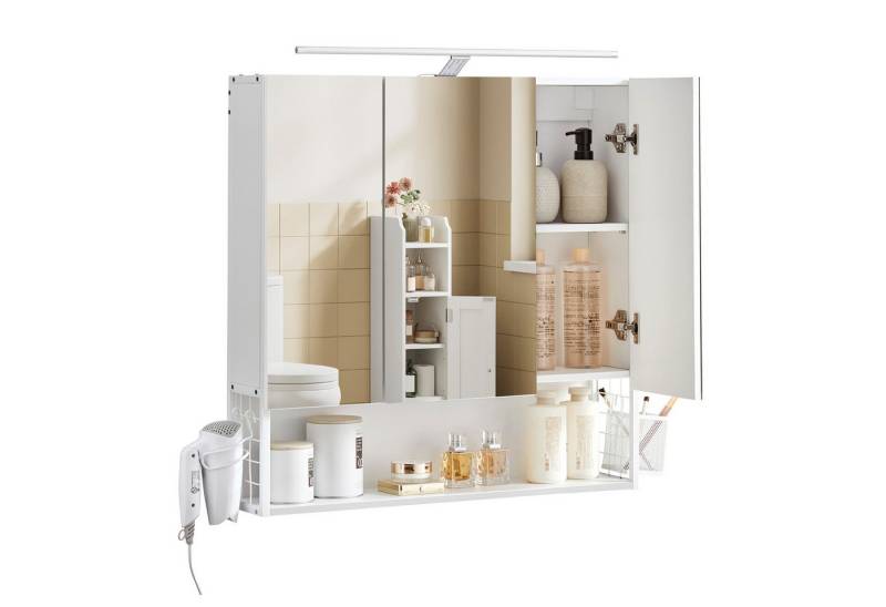 VASAGLE Spiegelschrank Badezimmerschrank Wandschrank Breite 70cm, LED-Beleuchtung, Stecker, Hängekorb, Haartrockner-Halter von VASAGLE