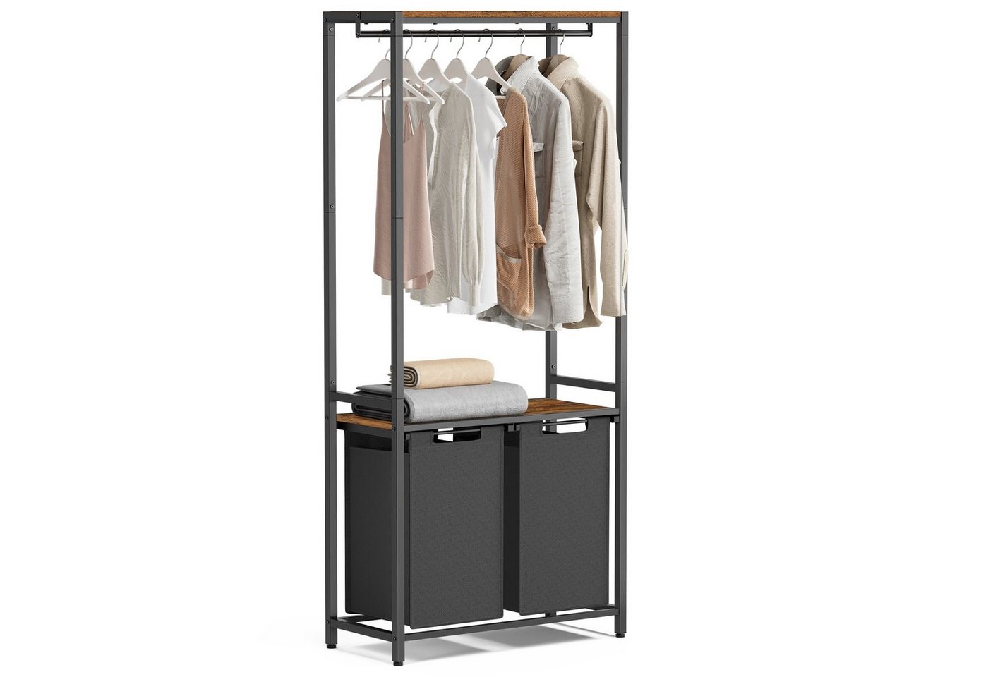 VASAGLE Wäschekorb, 2 Fächer, mit 2 Ablagen, Kleiderstange, abnehmbar, 2 x 46 L von VASAGLE