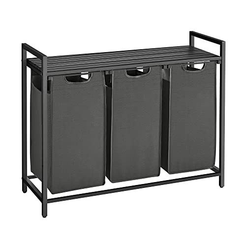 VASAGLE Wäschekorb 3 Fächer, Wäschesammler mit Ablage, Wäschebox, Wäschesack aus Oxford-Gewebe ausziehbar abnehmbar, Metallrahmen, 3 x 38 L, 92,5 x 33 x 72 cm, schwarz-grau BLH301G01 von VASAGLE