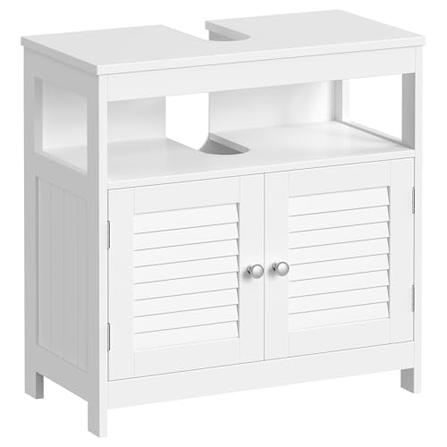 VASAGLE Waschbeckenunterschrank, Badezimmerschrank, Aufbewahrungsschrank, 30 x 60 x 60 cm, mit 2 Lamellentüren, offenes Fach, verstellbare Regalebene, mit Griffen, wolkenweiß BBC02WT von VASAGLE