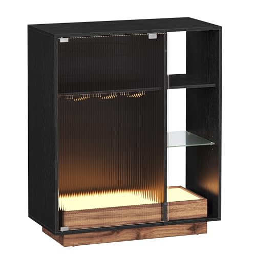 VASAGLE Weinschrank mit Beleuchtung, Sideboard mit LED, Küchenschrank für Weinflaschen, Barschrank mit Weinglashalter, geriffelte Glastür, für Wohnzimmer, ebenholzschwarz BBK361B21 von VASAGLE