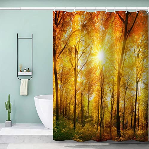 VASENA 3D Duschvorhang 200x200 Wasserdicht mit Gewicht Saum Badewanne Vorhang Herbst Wald Natur Duschvorhang mit 12 Hooks Duschvorhänge für Badezimmer von VASENA