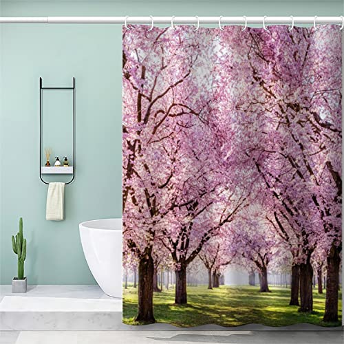VASENA 3D Duschvorhang 200x200 Wasserdicht mit Gewicht Saum Badewanne Vorhang Kirschbaum Blumen Rosa Duschvorhang mit 12 Hooks Duschvorhänge für Badezimmer von VASENA