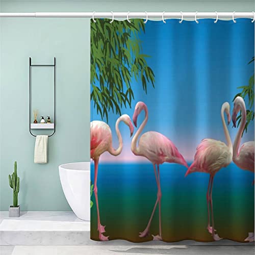 VASENA 3D Duschvorhang 200x200 Wasserdicht mit Gewicht Saum Badewanne Vorhang Rosa Flamingo Bambus Duschvorhang mit 12 Hooks Duschvorhänge für Badezimmer von VASENA