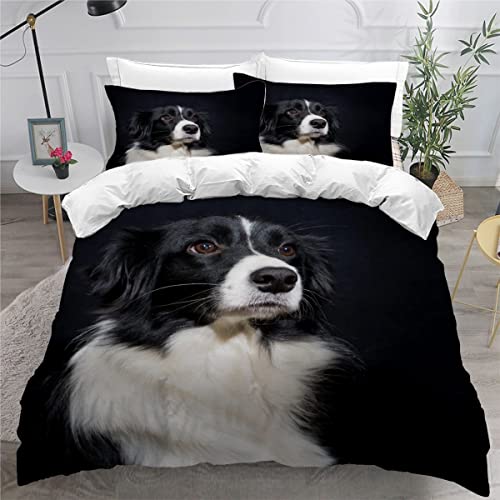 VASENA Bettwäsche 155x220 Border Collie Bettbezug 3D Druck flauschig Hypoallergen Bettwäsche-Set 3Teilig Teenager Jungen Mädchen Mikrofaser Hund Tier Schwarz Betten Set von VASENA