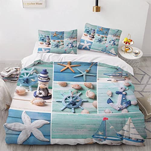 VASENA Bettwäsche 155x220 Leuchtturm Anker Bettbezug 3D Druck flauschig Hypoallergen Bettwäsche-Set 3Teilig Teenager Jungen Mädchen Mikrofaser Maritimes Thema Betten Set von VASENA
