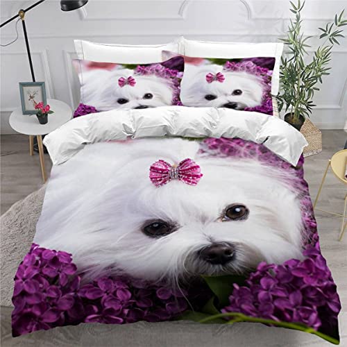 VASENA Bettwäsche 200x200cm flauschig Maltesischer Hund Bettwäsche Set 3 Stück Weiche Mikrofaser 3D drucken Bettbezug Haustiere Tiere Jugendliche Bettbezüge mit 2 Kissenbezug 80x80 von VASENA