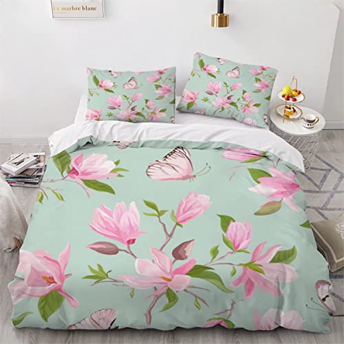 VASENA Bettwäsche 200x200cm flauschig Schmetterling Bettwäsche Set 3 Stück Weiche Mikrofaser 3D drucken Bettbezug Pinke Blume Jugendliche Bettbezüge mit 2 Kissenbezug 80x80 von VASENA