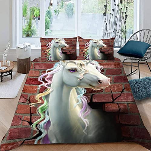VASENA Bettwäsche 220x240cm Hochwertig 3D Motiv Bettbezug Weißes Pferd Cartoon-Tiere Bettwäsche Das 3-TLG Mikrofaser Luxus Erwachsene Bettbezug Set Mit ReißVerschluss von VASENA
