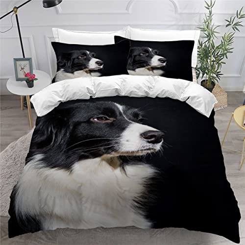 VASENA Bettwäsche Border Collie Bettwäsche 135x200 Kinder Hund Tier Schwarz Bettbezug Set Weich Microfaser Kinderbettwäsche 3 Teilig Mit ReißVerschluss Mit 2 Kissenbezug 80x80 cm von VASENA