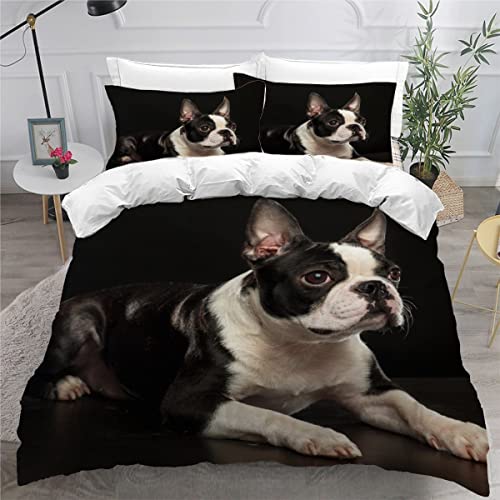 VASENA Bettwäsche Boston-Terrier Bettwäsche 135x200 Kinder Hund Haustier Schwarz Bettbezug Set Weich Microfaser Kinderbettwäsche 3 Teilig Mit ReißVerschluss Mit 2 Kissenbezug 80x80 cm von VASENA