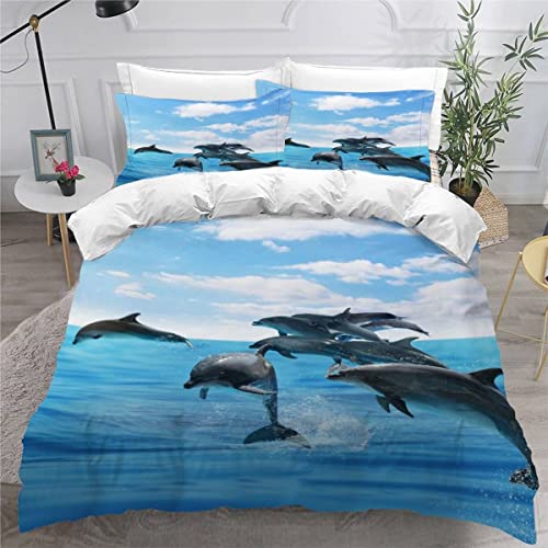 VASENA Bettwäsche Delfin Bettwäsche 135x200 Kinder Blaues Meer Bettbezug Set Weich Microfaser Kinderbettwäsche 3 Teilig Mit ReißVerschluss Mit 2 Kissenbezug 80x80 cm von VASENA