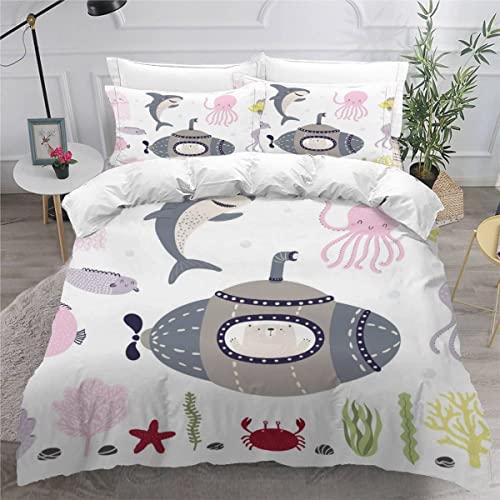 VASENA Bettwäsche Delphin U-Boot Bettwäsche 135x200 Kinder Bunte Meeresbewohner Bettbezug Set Weich Microfaser Kinderbettwäsche 3 Teilig Mit ReißVerschluss Mit 2 Kissenbezug 80x80 cm von VASENA
