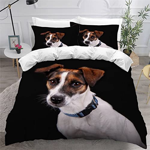 VASENA Bettwäsche Jack Russell Terrier Bettwäsche 135x200 Kinder Hund Tier Schwarz Bettbezug Set Weich Microfaser Kinderbettwäsche 3 Teilig Mit ReißVerschluss Mit 2 Kissenbezug 80x80 cm von VASENA