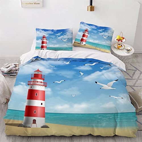 VASENA Bettwäsche Leuchtturm Bettwäsche 135x200 Kinder Wunderschöner Strand Bettbezug Set Weich Microfaser Kinderbettwäsche 3 Teilig Mit ReißVerschluss Mit 2 Kissenbezug 80x80 cm von VASENA