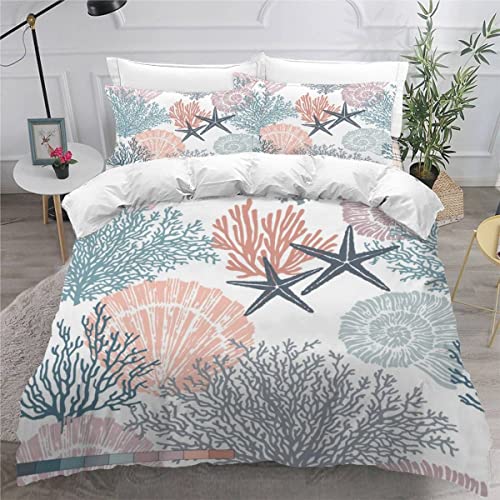 VASENA Bettwäsche Muscheln Korallen Bettwäsche 135x200 Kinder Ozean Handgezeichneter Stil Bettbezug Set Weich Microfaser Kinderbettwäsche 3 Teilig Mit ReißVerschluss Mit 2 Kissenbezug 80x80 cm von VASENA