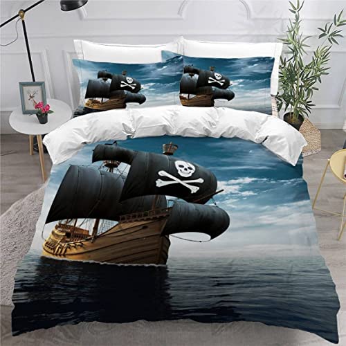 VASENA Bettwäsche Piratenschiff Bettwäsche 135x200 Kinder Meer Blau Bettbezug Set Weich Microfaser Kinderbettwäsche 3 Teilig Mit ReißVerschluss Mit 2 Kissenbezug 80x80 cm von VASENA