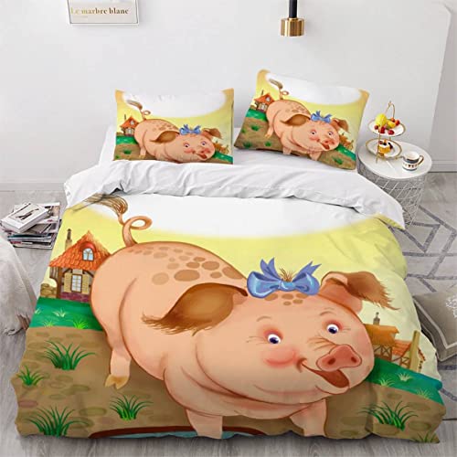 VASENA Bettwäsche Schwein Karikatur Bettwäsche 135x200 Kinder Süße Tiere Bettbezug Set Weich Microfaser Kinderbettwäsche 3 Teilig Mit ReißVerschluss Mit 2 Kissenbezug 80x80 cm von VASENA