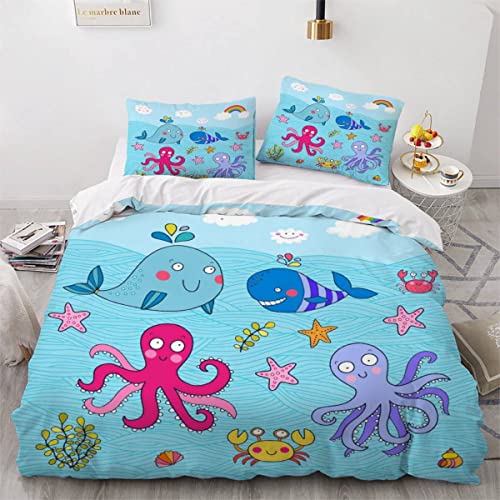 VASENA Bettwäsche Wal Oktopus Bettwäsche 135x200 Kinder Blaue Karikatur Bettbezug Set Weich Microfaser Kinderbettwäsche 3 Teilig Mit ReißVerschluss Mit 2 Kissenbezug 80x80 cm von VASENA