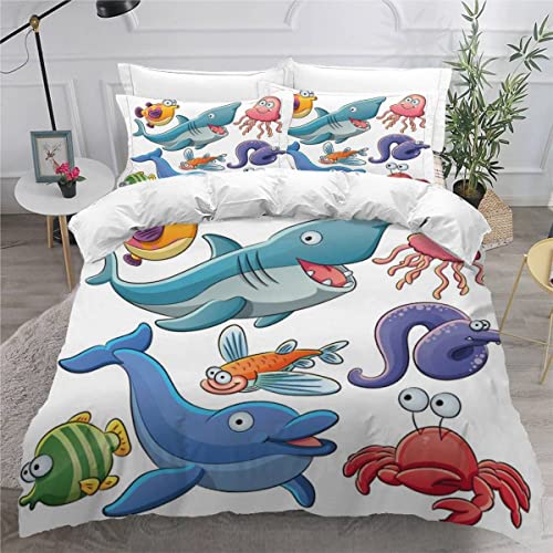 VASENA Bettwäsche Wasserlebewesen Bettwäsche 135x200 Kinder Niedlicher Cartoon-Fisch Bettbezug Set Weich Microfaser Kinderbettwäsche 3 Teilig Mit ReißVerschluss Mit 2 Kissenbezug 80x80 cm von VASENA