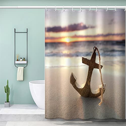 VASENA Duschvorhang 180x180 Erwachsene Duschvorhang Anker 3D Motiv Schwer Stoff Polyester Badvorhang Strand Sonnenuntergang Holzanker Duschvorhang Waschbar Anti Schimmel von VASENA