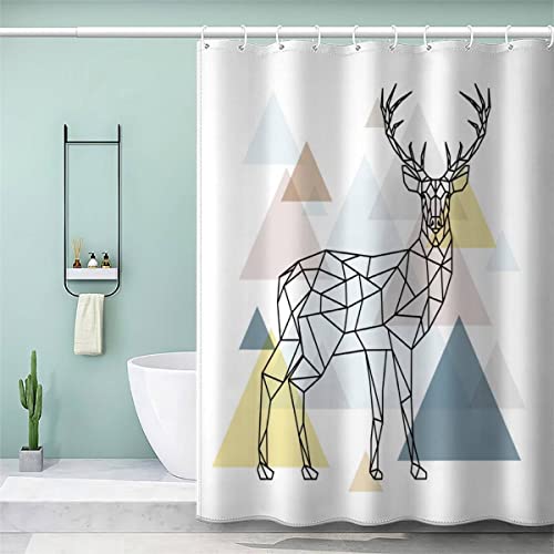 VASENA Duschvorhang 180x180 Erwachsene Duschvorhang Hirsch Skandinavischer Stil 3D Motiv Schwer Stoff Polyester Badvorhang Geometrische Muster Duschvorhang Waschbar Anti Schimmel von VASENA