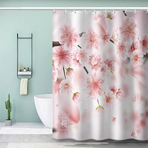 VASENA Duschvorhang 180x180 Erwachsene Duschvorhang Japanische Kirschblüten 3D Motiv Schwer Stoff Polyester Badvorhang Pinke Blume Duschvorhang Waschbar Anti Schimmel von VASENA