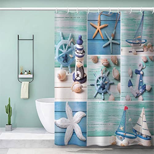 VASENA Duschvorhang 180x180 Erwachsene Duschvorhang Leuchtturm Anker 3D Motiv Schwer Stoff Polyester Badvorhang Maritimes Thema Duschvorhang Waschbar Anti Schimmel von VASENA