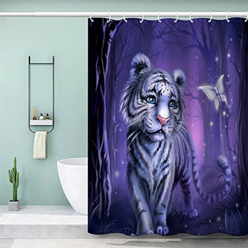 VASENA Duschvorhang 180x180 Erwachsene Duschvorhang Tiger Tier 3D Motiv Schwer Stoff Polyester Badvorhang Lila Duschvorhang Waschbar Anti Schimmel von VASENA