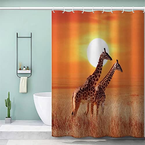 VASENA Duschvorhang Giraffe Tier Antischimmel Wasserdicht Duschvorhang 120x180 Kinder Jungen Mädchen Sonnenuntergang Duschvorhang Polyester Textil mit 12 Hooks von VASENA