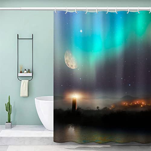 VASENA Duschvorhang Leuchtturm Antischimmel Wasserdicht Duschvorhang 120x180 Kinder Jungen Mädchen Nordlichter Duschvorhang Polyester Textil mit 12 Hooks von VASENA