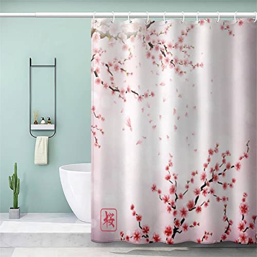 VASENA Duschvorhang Pinke Blumen Antischimmel Wasserdicht Duschvorhang 120x180 Kinder Jungen Mädchen Japanische Kirschblüten Duschvorhänge Polyester Textil mit 12 Hooks von VASENA