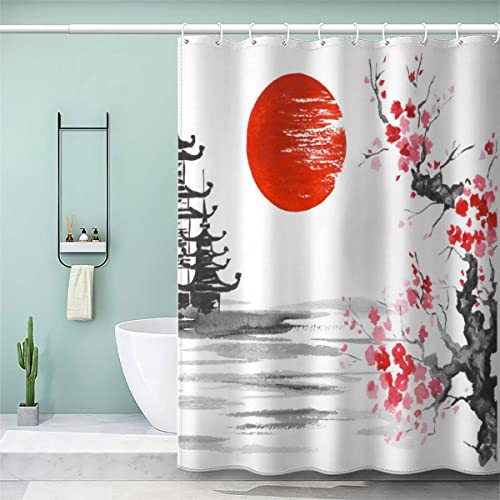 VASENA Japanischer Stil Duschvorhang 180x200 Kirschblüten Red Sun Tinte Waschen Bad Vorhäng Anti-Schimmel Textil Anti-Bakteriel 3D Wasserdicht Duschvorhänge Badewanne mit 12 Hooks von VASENA