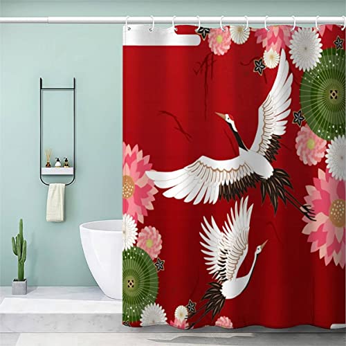VASENA Japanischer Stil Rot Duschvorhang 180x200 Japanischer Kran Bad Vorhäng Anti-Schimmel Textil Anti-Bakteriel 3D Wasserdicht Duschvorhänge Badewanne mit 12 Hooks von VASENA