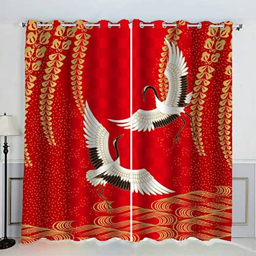VASENA Kinderzimmer Vorhänge Japanischer Stil Rot Kran Japanischer Stil Fenstervorhang mit ösen Junge Mädchen Schlafzimmer Wohnzimmer Küche Verdunklungsvorhang 2-Set (150x166 cm) von VASENA