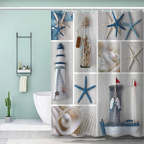 VASENA Strand Seestern Duschvorhang 180x200 Maritimes Thema Bad Vorhäng Anti-Schimmel Textil Anti-Bakteriel 3D Wasserdicht Duschvorhang Badewanne mit 12 Hooks von VASENA