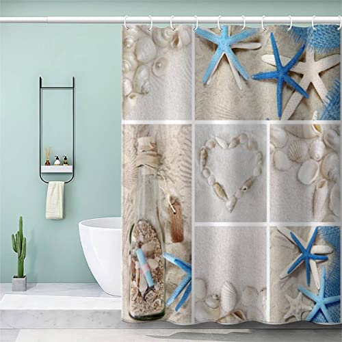 VASENA Strandmuscheln Duschvorhang 180x200 Sommer Seestern Bad Vorhäng Anti-Schimmel Textil Anti-Bakteriel 3D Wasserdicht Duschvorhang Badewanne mit 12 Hooks von VASENA